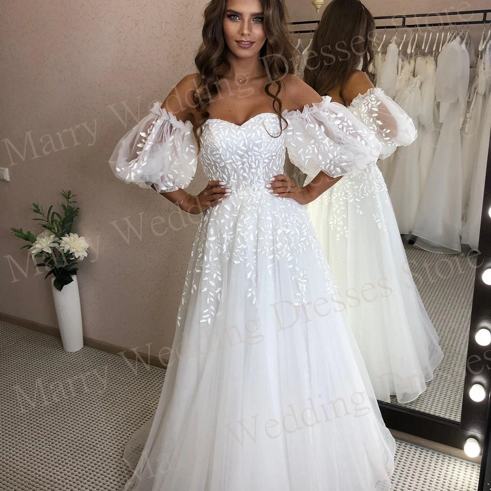 Vestidos De Novia bohemios con escote Corazón, Apliques De encaje modernos, tul, manga corta, Simple