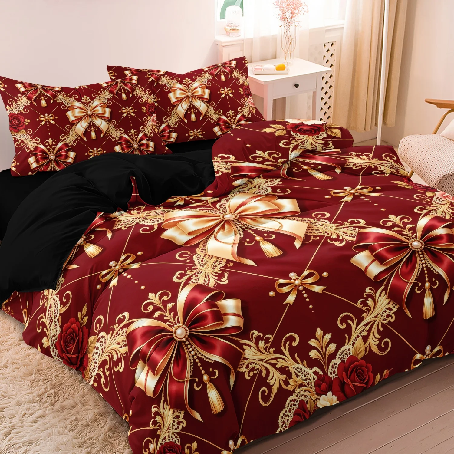 3pcs Elegant Red Gold Bow Duvet Cover Set, Noble Baroque Rose Lace Pattern Bedding, For Family Bedrooms Dormitories Hotels