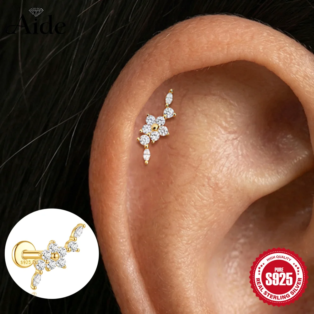 AIDE 925 Sterling Silber Fünfblättrige Blume Pferdeaugen CA Zirkon für Damen Knorpel Helix Flachrücken Piercing Ohrring Party Geschenke