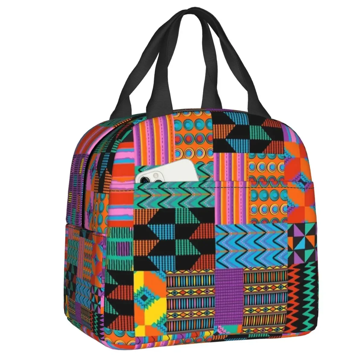 Unique Wax Print Ankara Kente Pattern Insulated Lunch Bags for Women Africa Ethnic Tribal Art Cooler Thermal Bento Box School