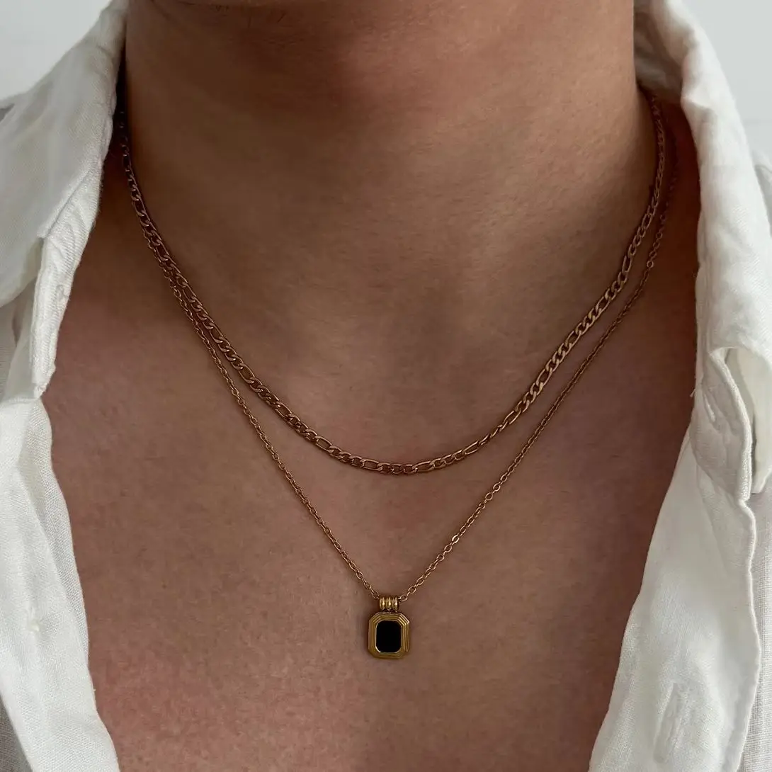 SHIXIN Stainless Steel Black Square Pendant Necklace Men Fashion Double-Layer Charm Adjustable Sweater Chain Waterproof Jewelry