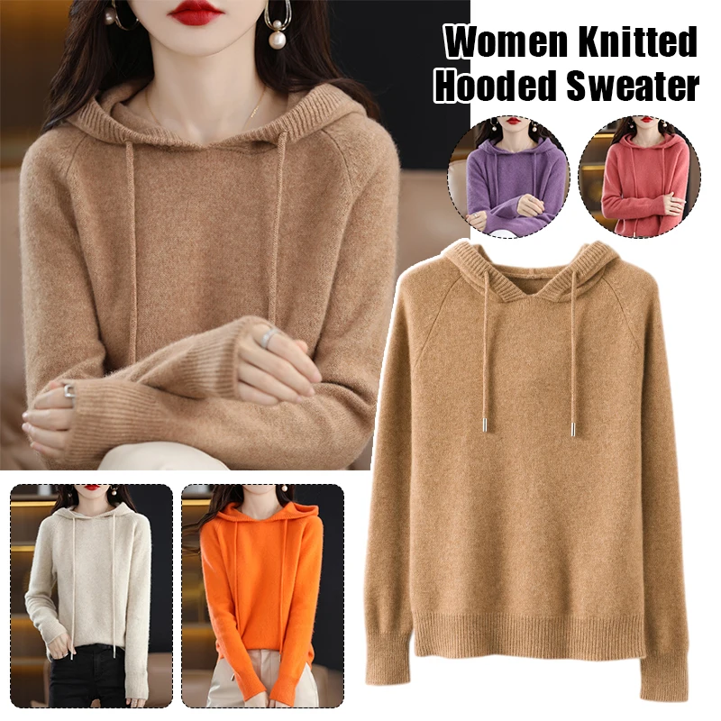 Women Warm Wool Hooded Pullover Sweaters Autumn Winter Solid Color Jumper Korean Fashion Cashmere Knitted Hooded Tops