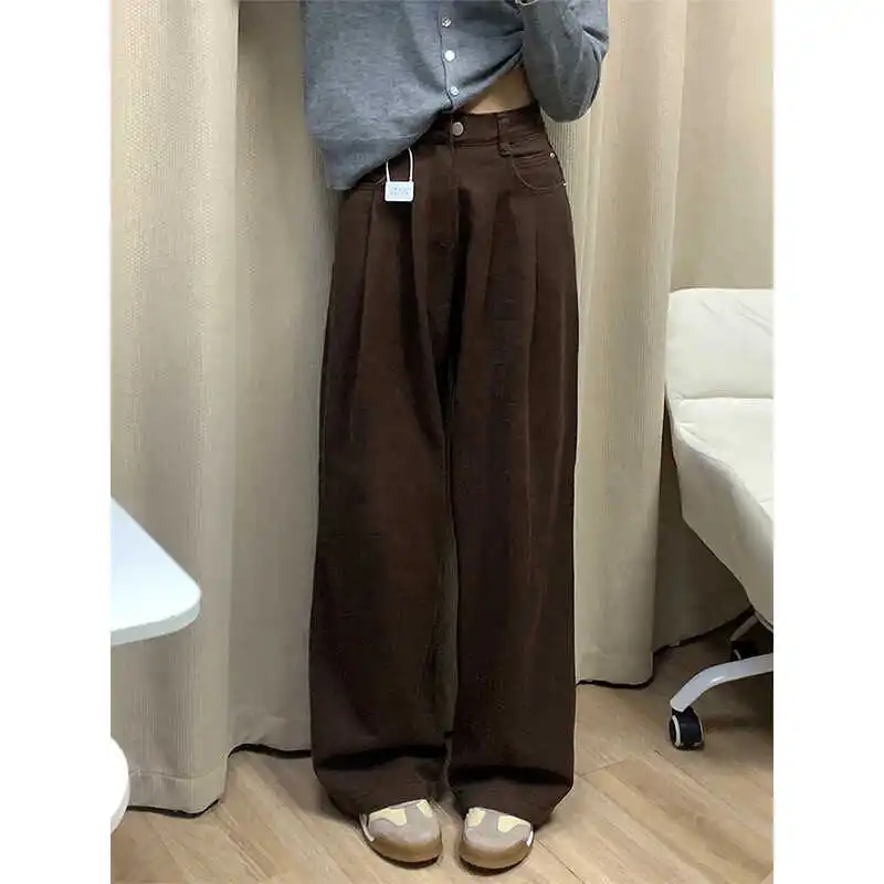 Dark Coffee Jeans Women's Autumn New Loose High-waisted Thin Wide-leg Pants 2025