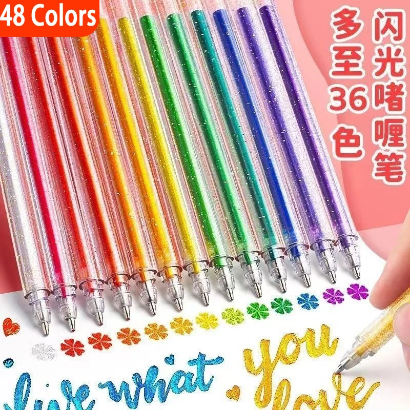 8/12/24/36/48 Colors Glitter Gel Pens Retractable and Uncap Type Writing Art Marker Coloring Drawing Office Student Stationery