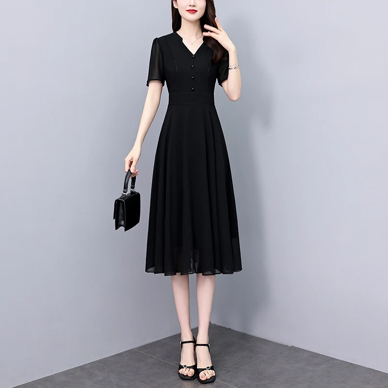 เดรสชีฟองลำลองสีพื้นสำหรับผู้หญิง ฤดูร้อน 2025 ชุดเดรสยาวสำหรับงานพรอมหรืองานปาร์ตี้สุดชิค ชุดเดรสทำงานทรงบอดี้คอนสไตล์วินเทจสำหรับสุภาพสตรี