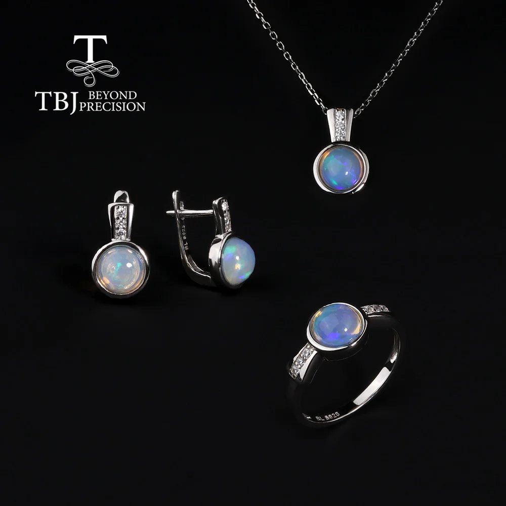 

2023 new 925 sterling silver jewelry set natural ethiopia Opal round 7mm earrings pendant necklace women rings simple design