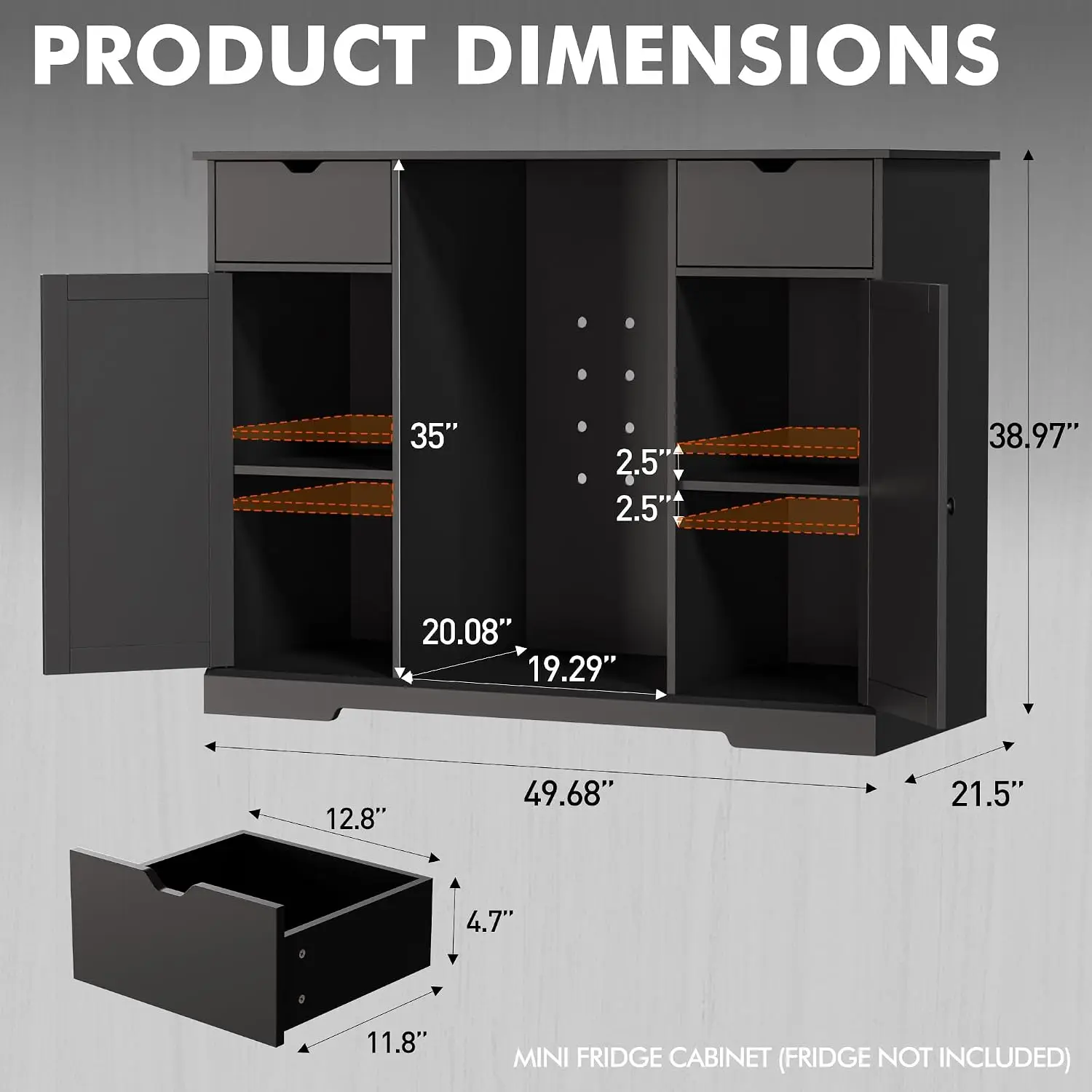 Black Bar Cabinet with Fridge Space & Outlet, 51
