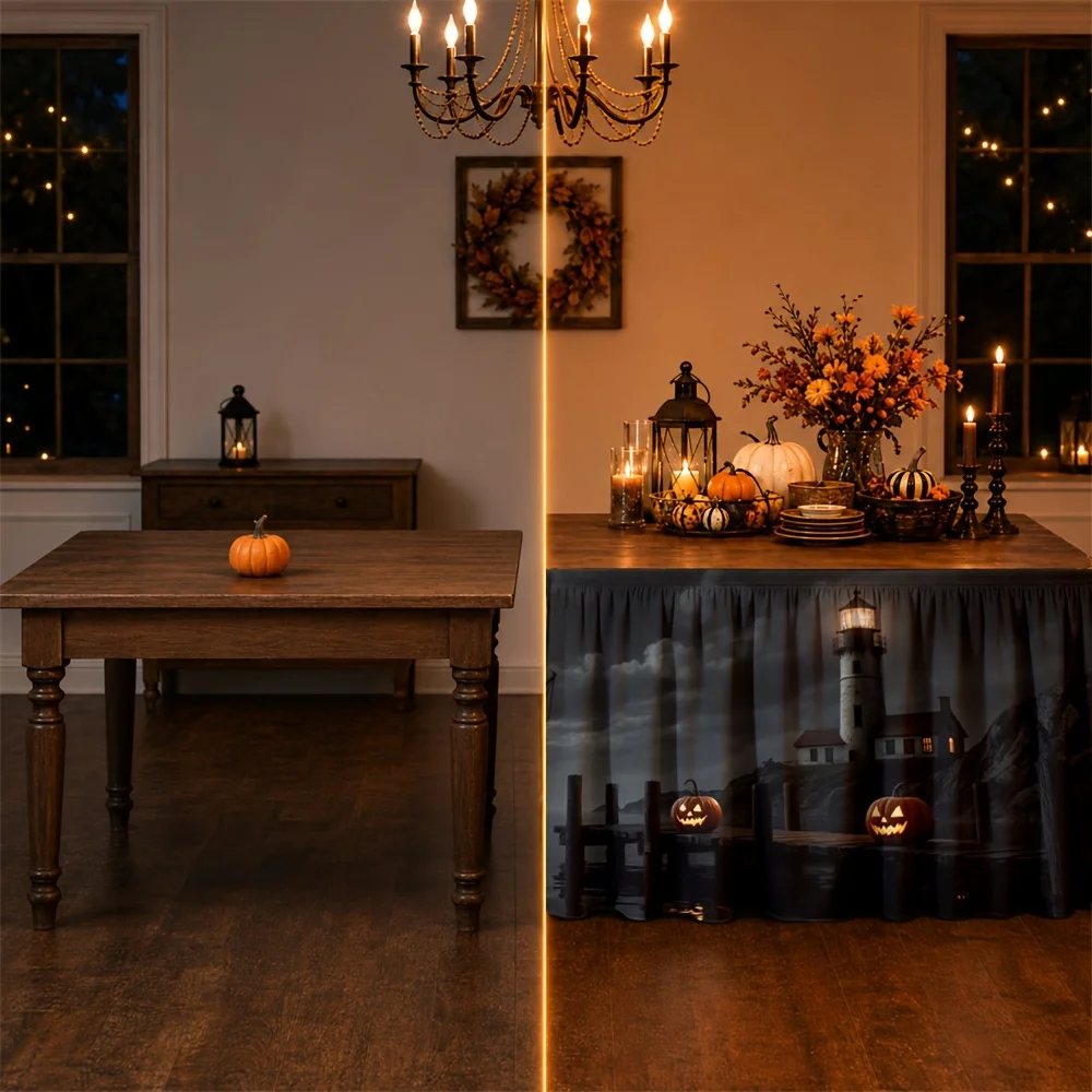 One tablecloth, Halloween pirate ship lighthouse full moon small trumpet lamp, Ghost Port, night gothic mysteryzyc