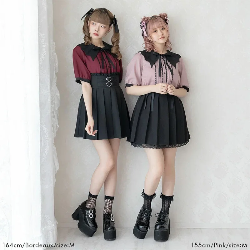 Japanese Style Mine Series Bat Collar Bow Elegant Short Sleeve Shirt Lolita Summer Women Top Summer Fashion Casual Blouse Female