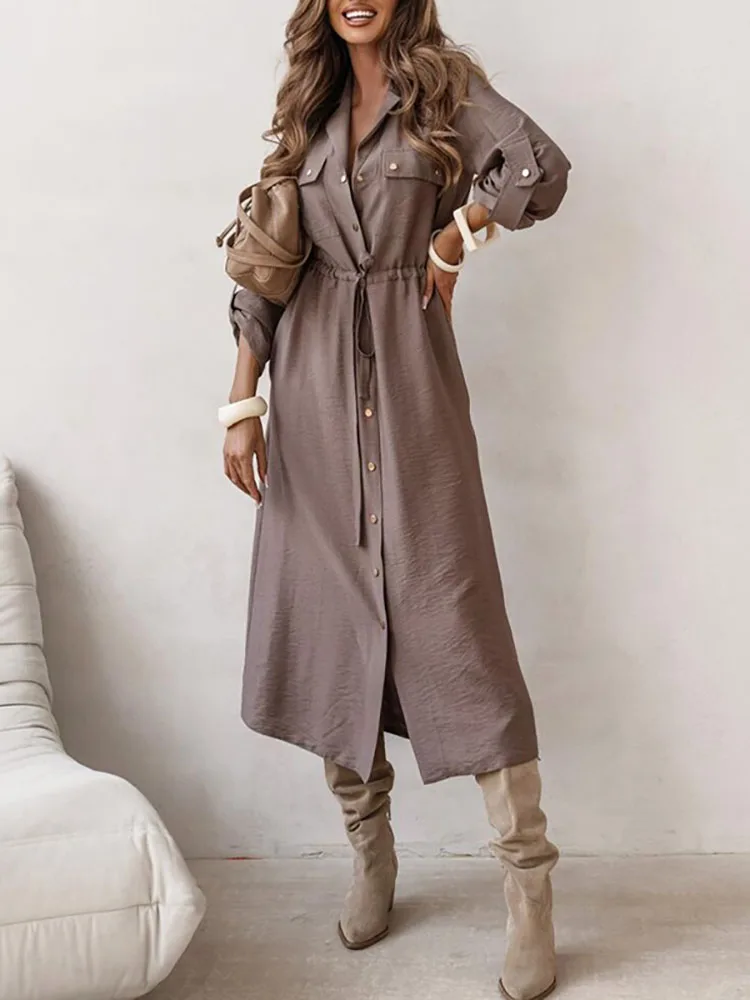 Abito lungo da donna elegante con tasca per pendolari Abito lungo con risvolto monopetto alla moda Abito autunno nuovo abito a trapezio sottile in puro colore vintage