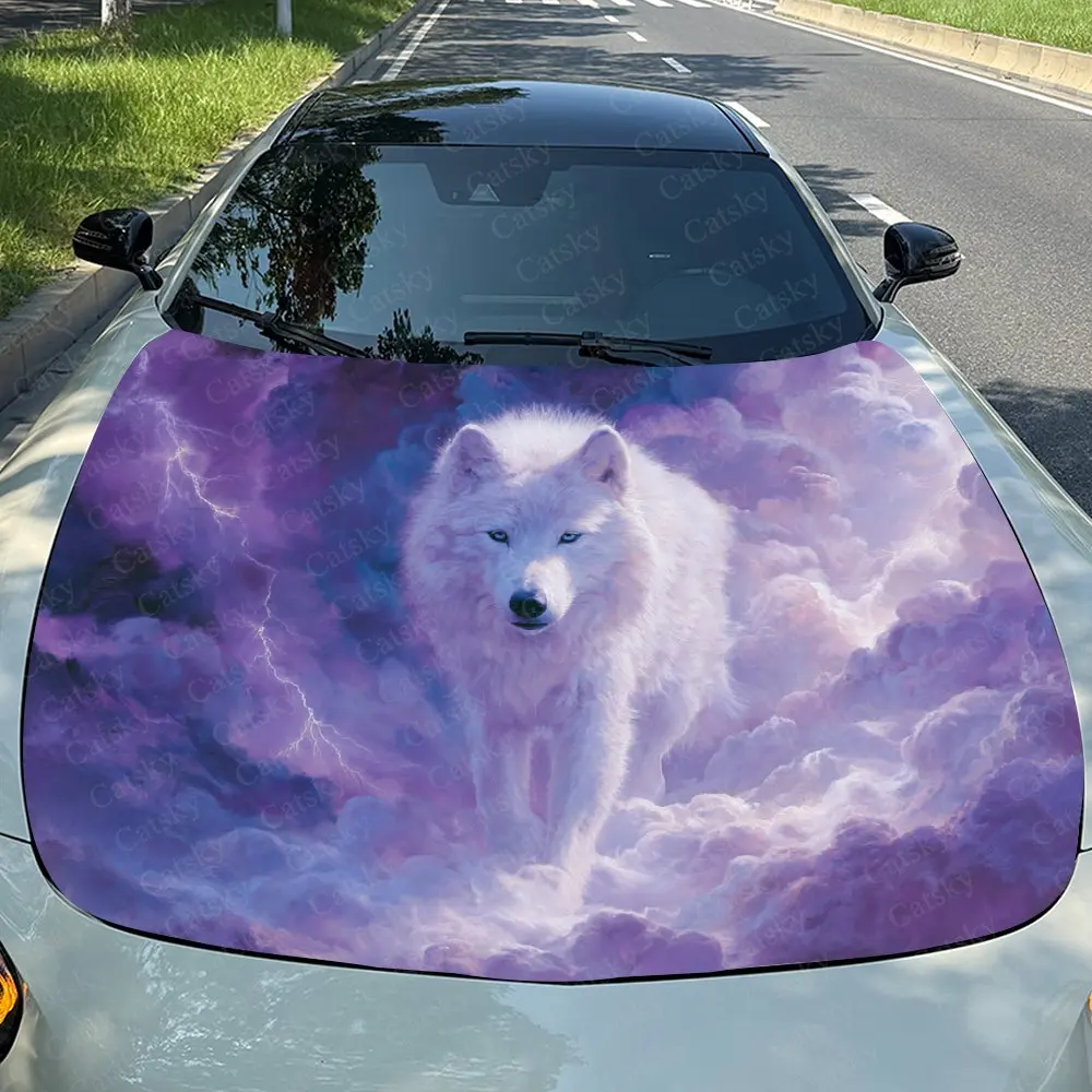 Lightning White Wolf Car Hood Sticker, Premium Vinyl Sticker For Automotive Exterior Customization, Durable PVC Vinyl Wrap