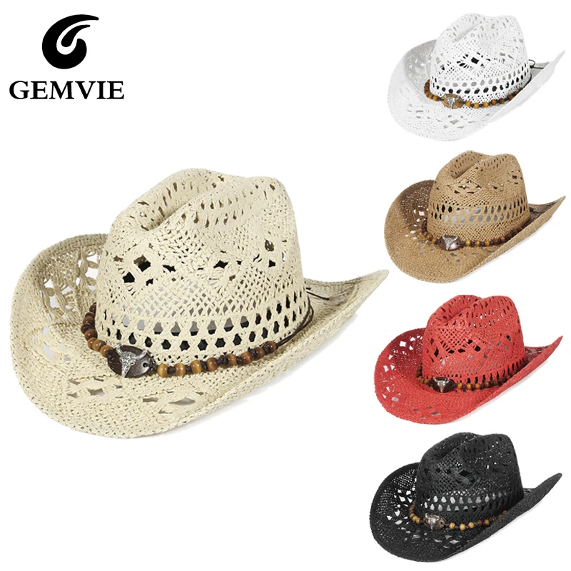 

Шляпа ковбойская GEMVIE Western с широкими полями для женщин и мужчин, летняя пляжная соломенная шляпа с вырезами и ремнем, защита от солнца