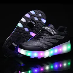 Led Rechargeable Kids 2 Wheels Skates Shoes Roller Outdoor Sneaker Detachable Skating Boys Girl 2 Row Black Gift Sliding Battery