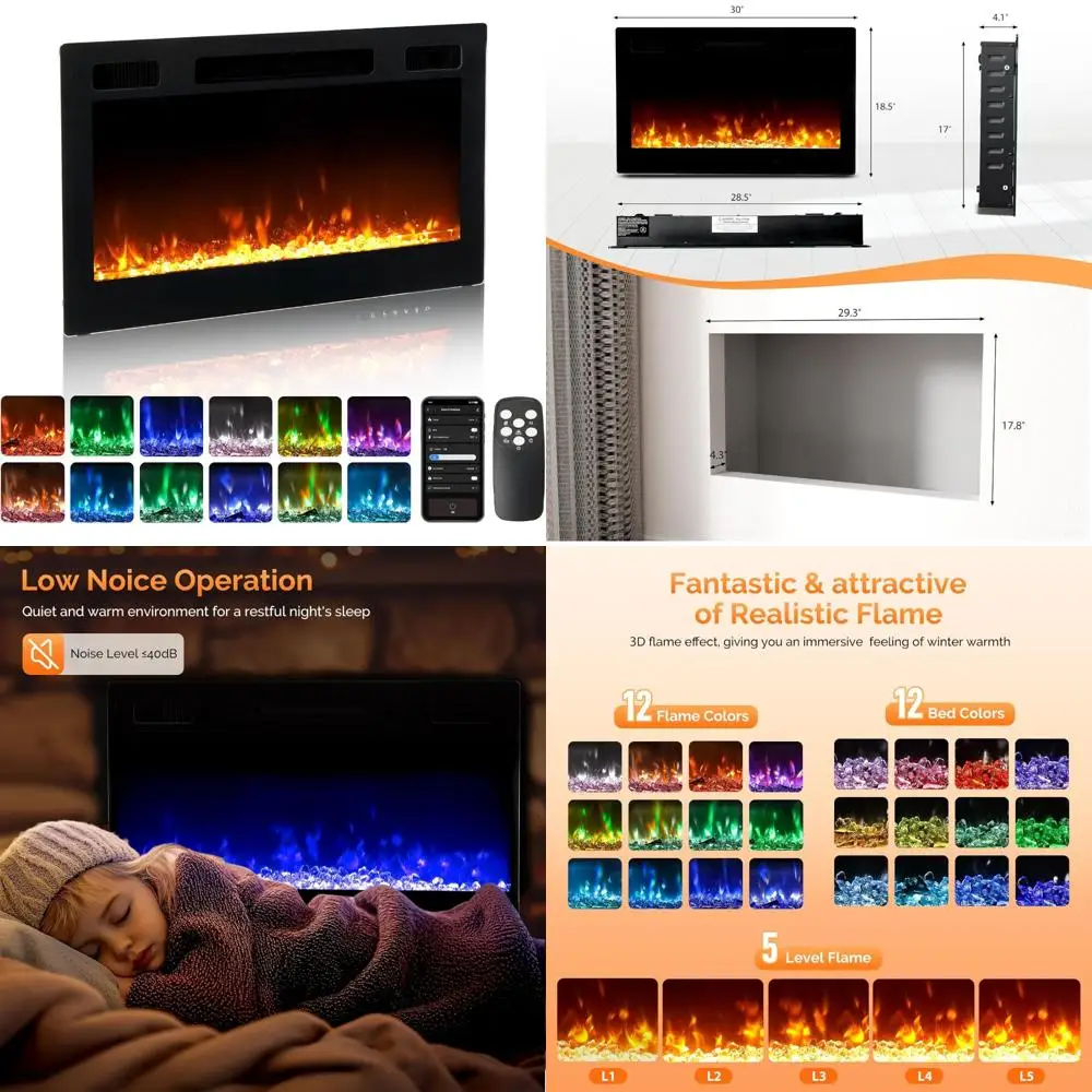 

Electric 30 Inch Wall-Mounted & Recessed Dual-Purpose Fireplace with WiFi, Remote, and Touch Screen Control for Modern Home Deco