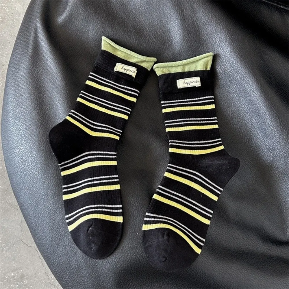 Fake Two-Piece Design Crew Socks Soft Knit Texture Mid-Calf Length Mid-Calf Socks Striped Pattern Striped Socks Casual Wear