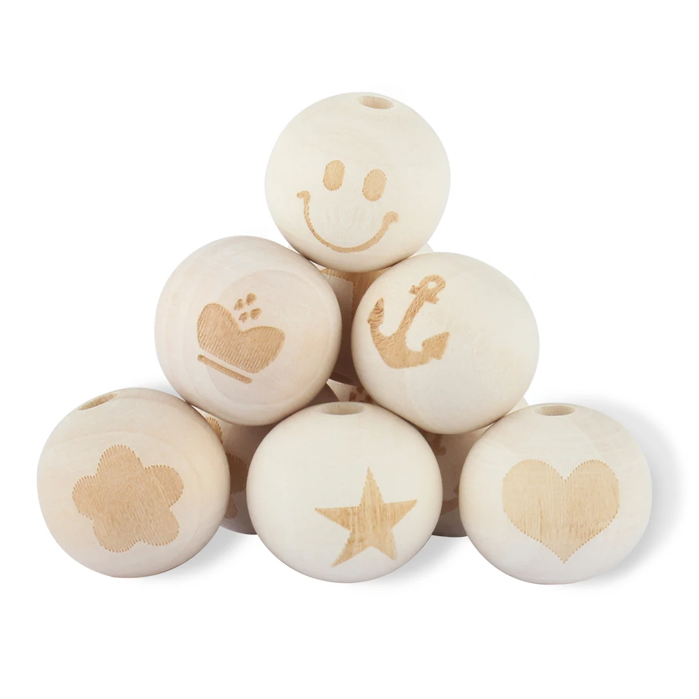 Cuentas redondas de madera Natural para dentición de bebé, corazón, estrella, elefante, cara sonriente, llavero artesanal, cadena de chupete, 10