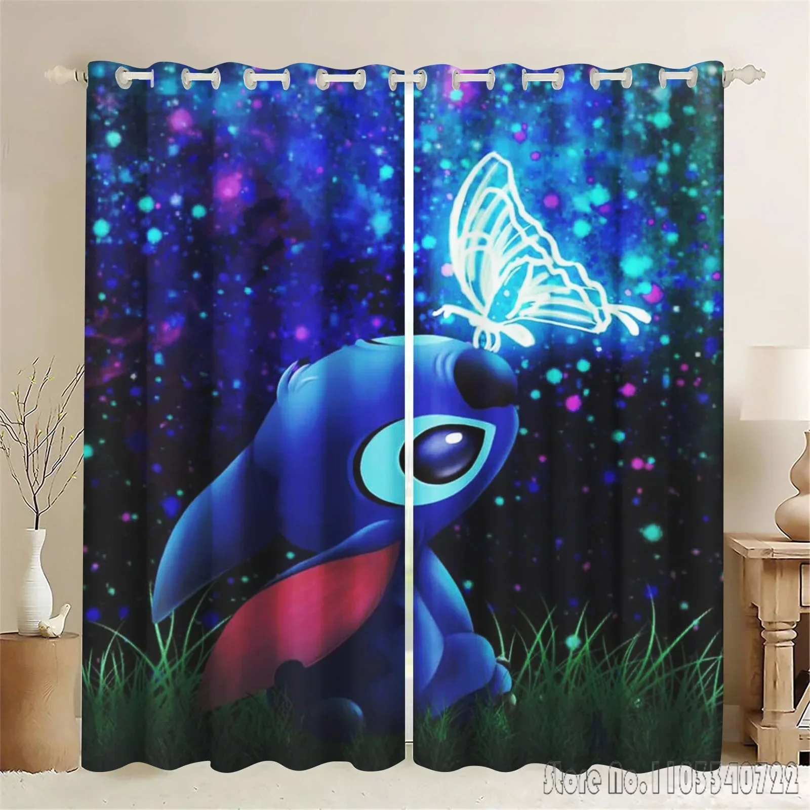 Disney Stitch Lilo Angel Cartoon Window Curtain 3D Print Blackout Curtains Living Room Bedroom Decor Kids Gift