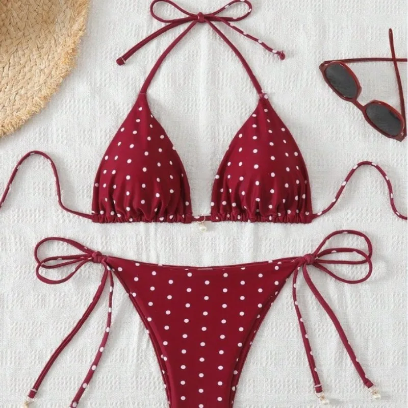 Women Retro Red Polka Dot Halter Bikini Set Adjustable Tie Triangle Two Piece Swimsuit Removable Pad Brazilian  Swimwear S-XL