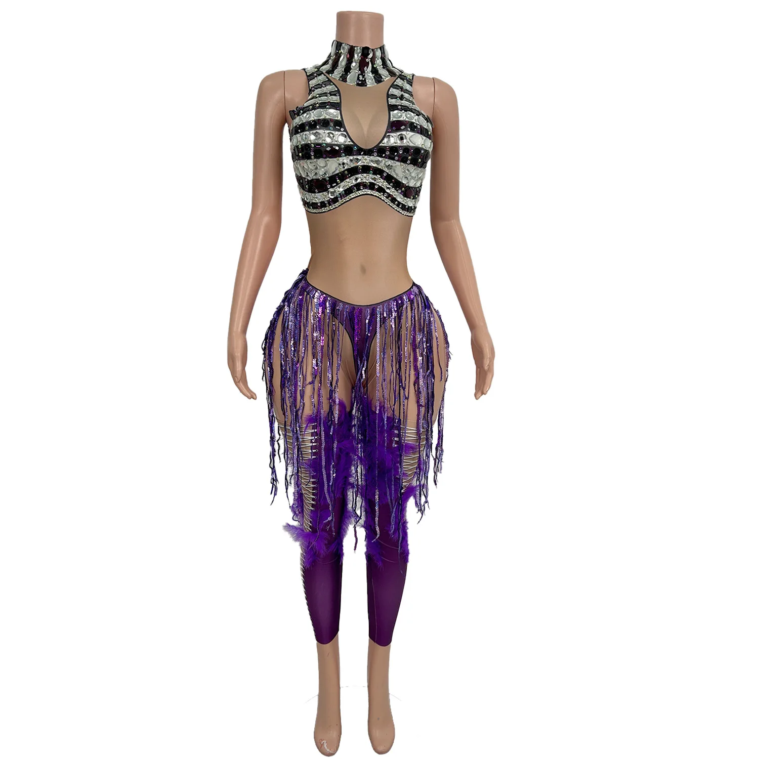 Purple Tassel Spandex Tight Fitting Jumpsuit Night Party Stage Performance Wear Masquerade   Carnival gig Dancer Outfit Zizuanwa