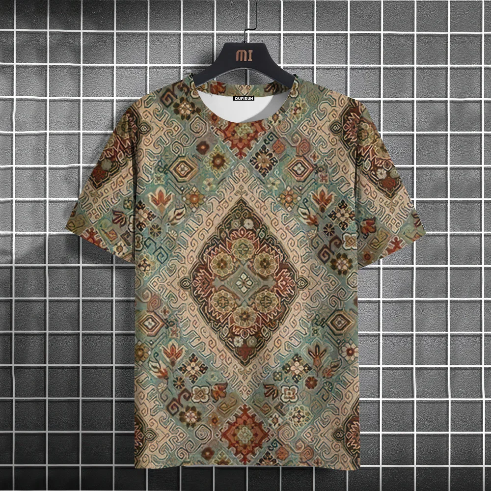 

Винтажная мужская футболка с этническим принтом, повседневная летняя уличная одежда с короткими рукавами и круглым вырезом, мужская свободная толстовка, дышащая мужская одежда