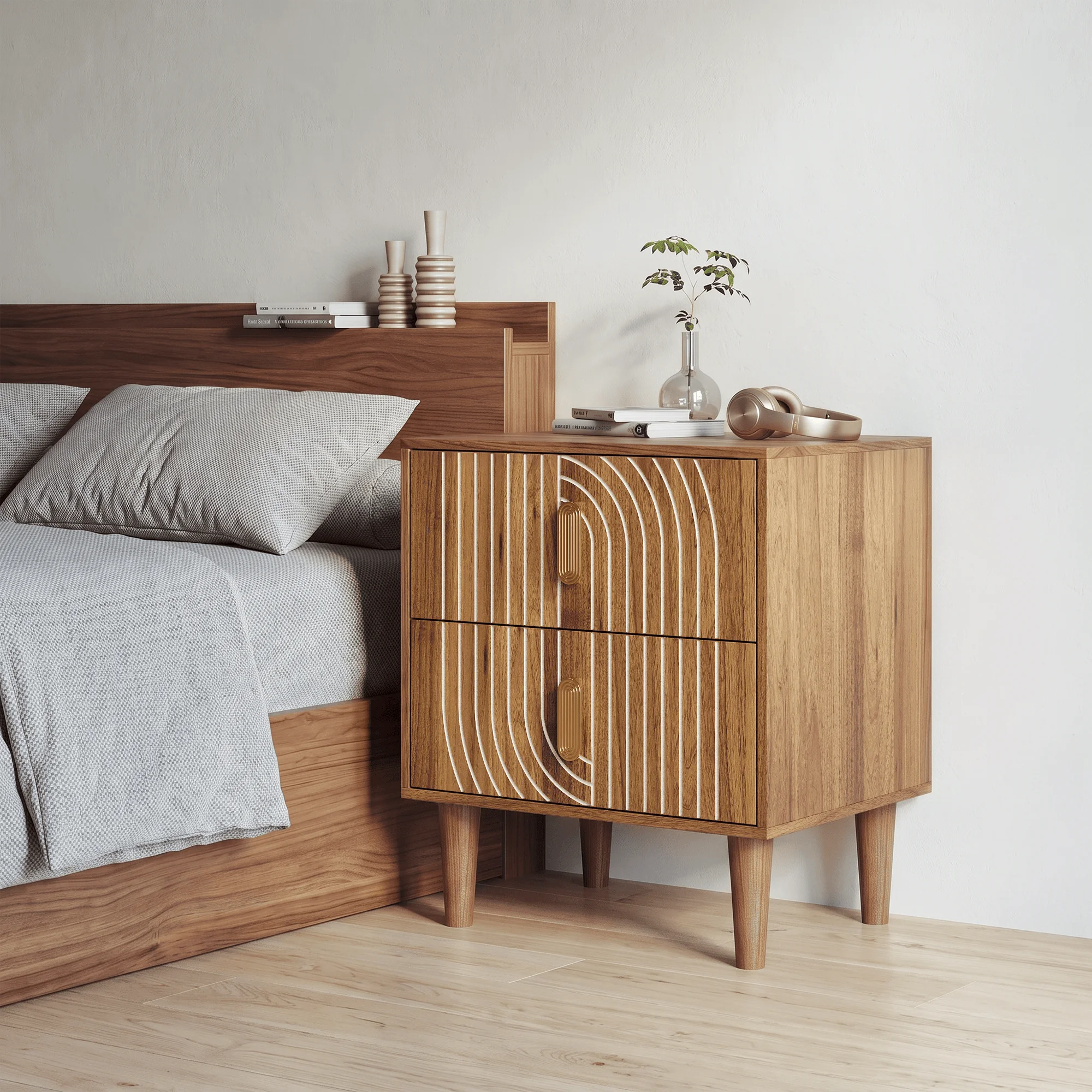 Mid-Century Modern Nightstand with 2 Drawers, Walnut Wood Grain Bedside Table with Soft-Close Slides, Arched Groove End Table