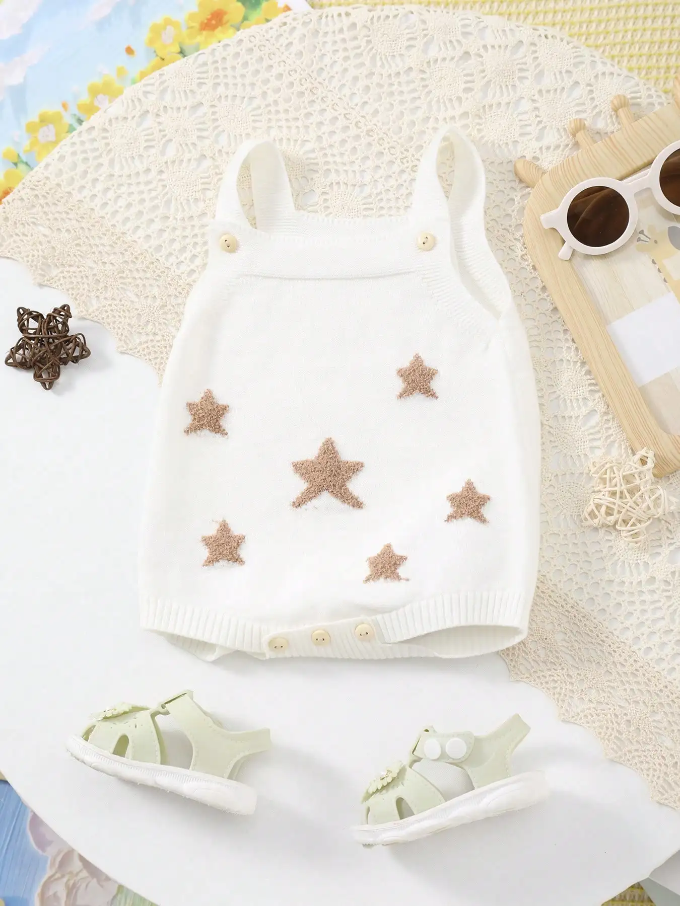 Baby Girl Style Solid Color Star Embroidery Design Knitted Suspender Triangle Romper