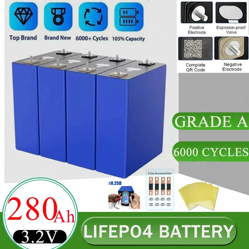 New Grade A Lithium iron phosphate battery 3.2V280ah Lifepo4 12V24V Rechargeable battery for Solar Home Energy Storage Duty Free