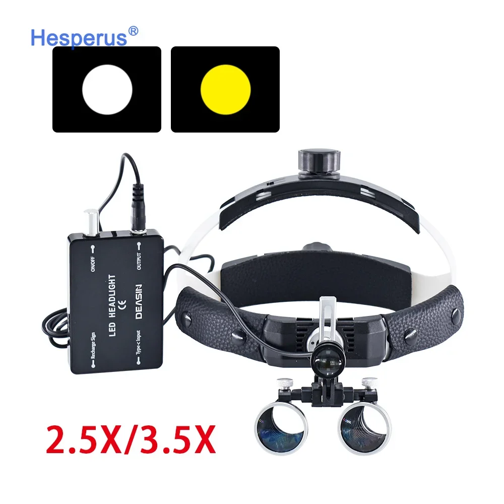 2.5X/3.5X Head Wearing Den tal Binocular Magnifier 5W LED Medical Oral Headlight with Yellow light filter for den tistry Oral EN