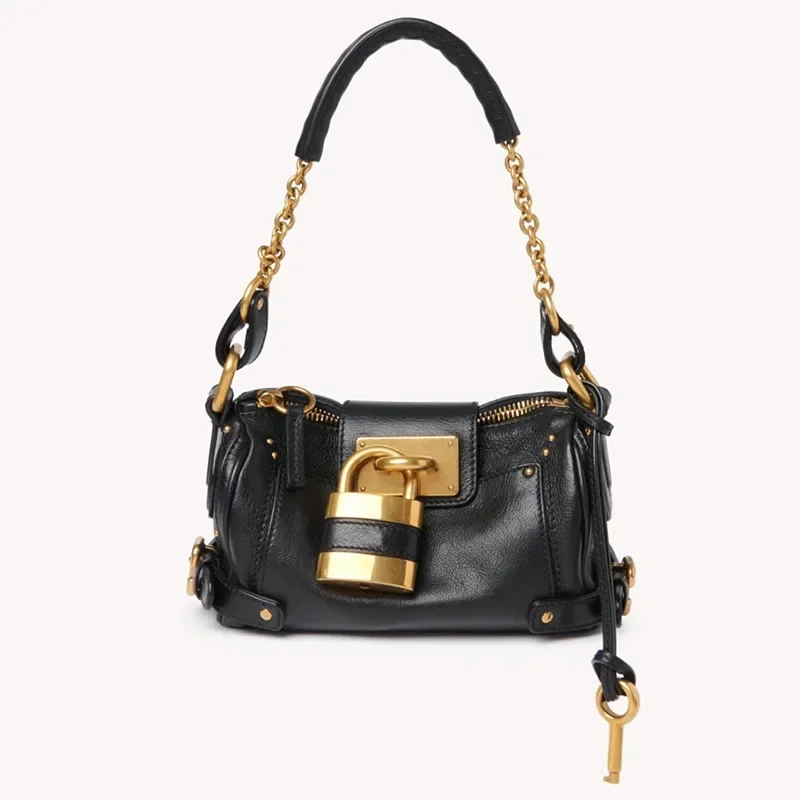 New Women Ins Trendy Underarm Bag, Classic Vintage Metal Lock Leather Top‑Handle Handbag Fashion Commuter Shoulder Purse