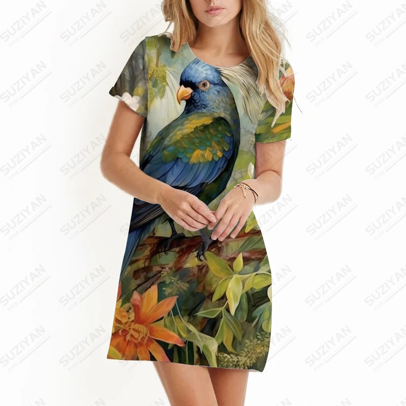 Summer new ladies dress parrot bird 3D printed lady dress casual style ladies dress fashion trend abito da donna di alta qualità