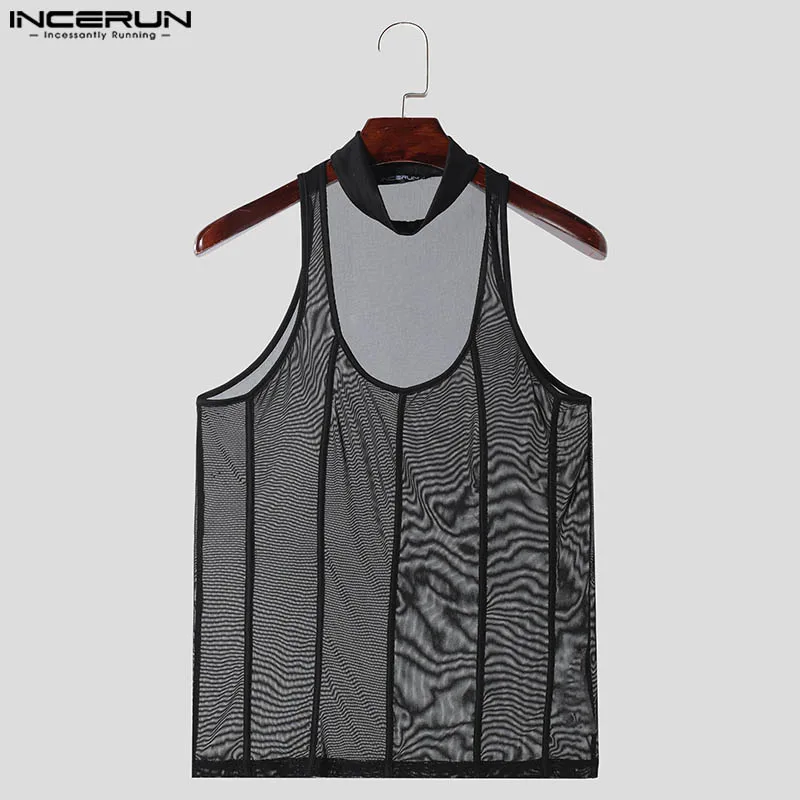 INCERUN Men Tank Tops Mesh Transparent Summer Sleeveless Sexy Male Vests Streetwear 2024 Solid Fashion Party Skinny Men Clothing