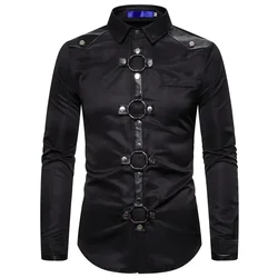 High Quality New Men Goth Style Rivet Solid Color Cargo Shirt Slim Fit Party Stage for Men Clothing