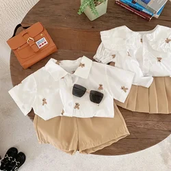 Summer Boys and Girls Clothes White Short Sleeved Teddy Bear Shirt + Shorts 2-piece Set Fashionable Simple Children's Clothing