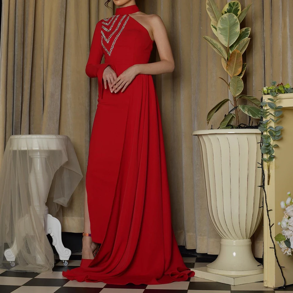 

Exquisite Jersey Straight One Shoulder Crystal Evening Dress Side Slit Long Sleeves High Collar Floor Length Panel Train Red