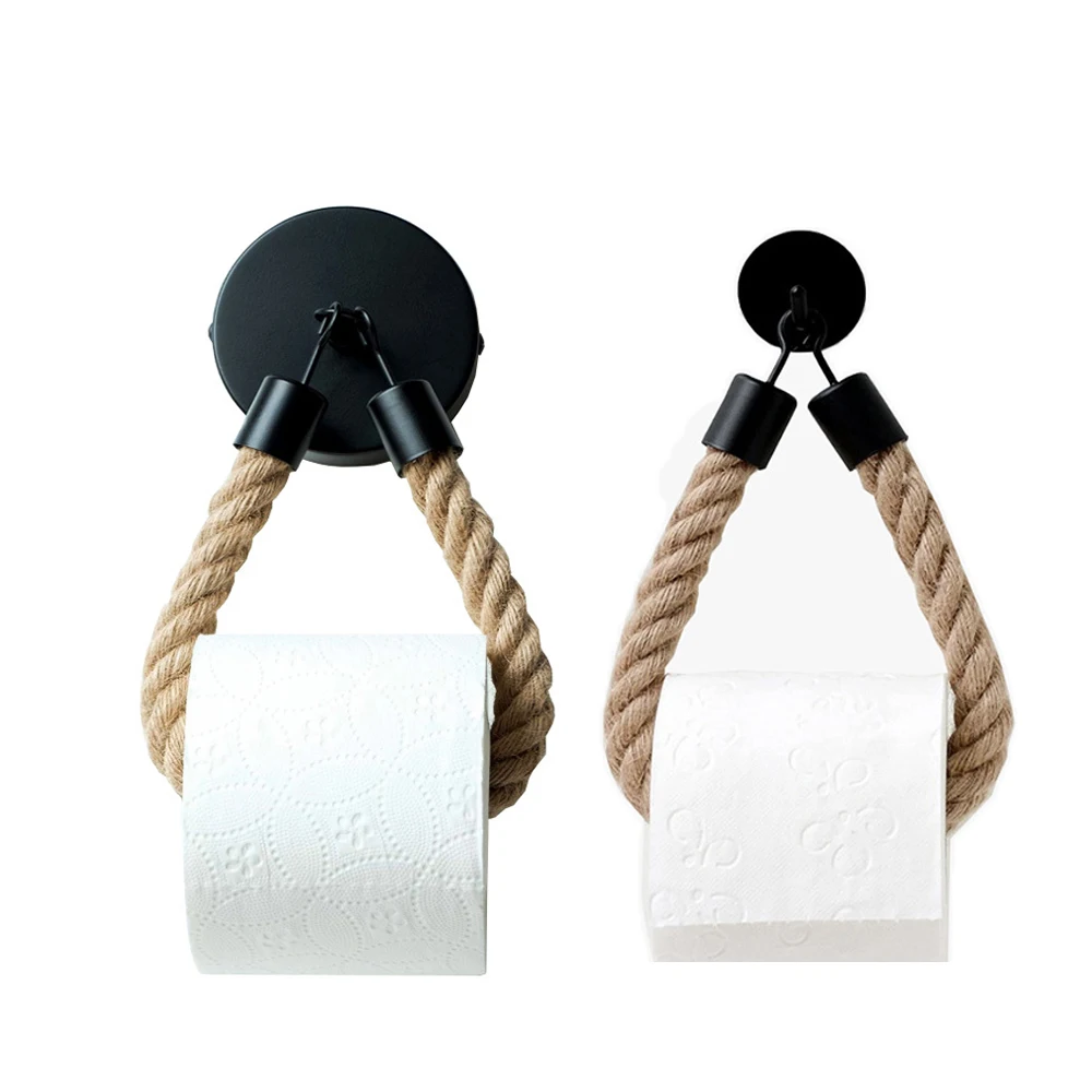 Retro Toilet Tissue Roll Holder Matte Black Vintage Steel Paper Towel Ring for Household Storage Rack Wall Sticker Jute Rope