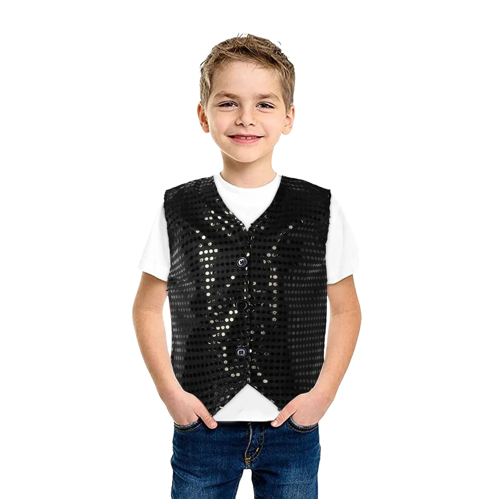 

Boy Tops Toddler Girls Boys Casual Sequin Glitter Costume Party Carnival Sleeveless Vest Personality Button Down T Shirts