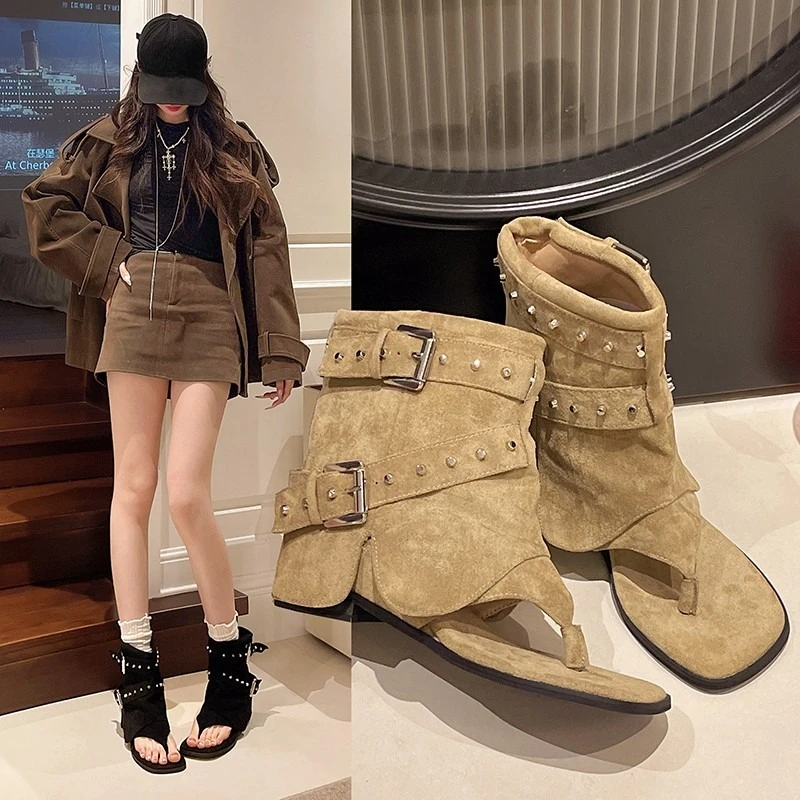 Studed Metal Buckle Block Heel Sandals Clip-Toe Suede Soft Sole Non-Slip Women's Cold Boots