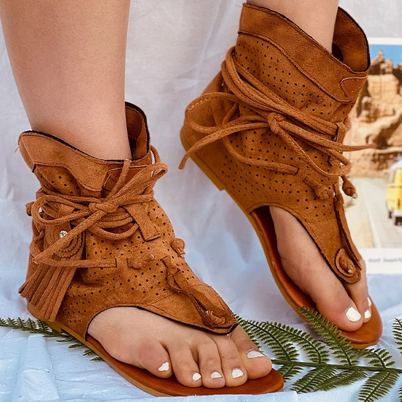 Women\'s Sandals 2022 Retro Gladiator Ladies Clip Toe Vintage Boots Casual Tassel Rome Fashion Summer Woman Shoes Female New