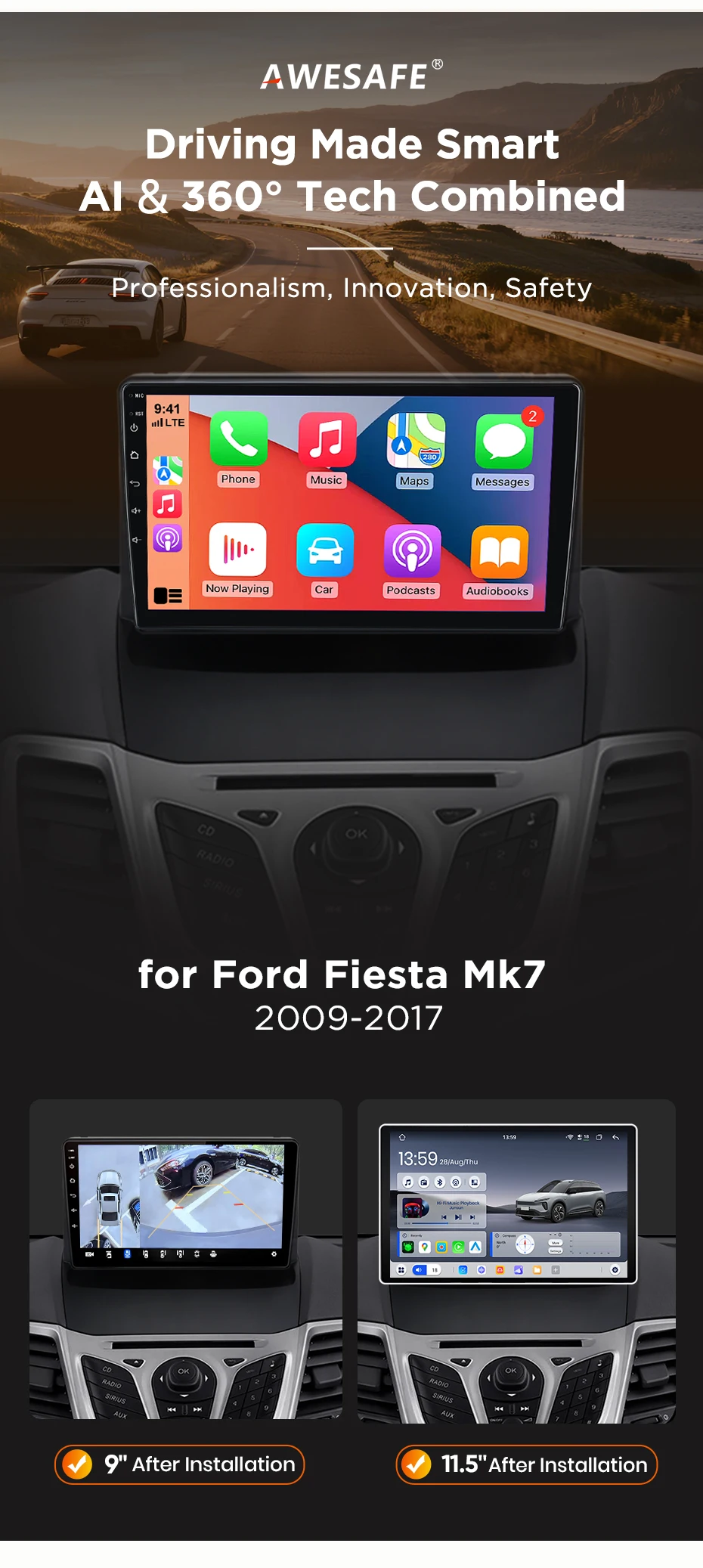 AWESAFE Kabelloses CarPlay Android Auto Radio für Ford Fiesta Mk 6 2009 2010-2013 Auto-Intelligentes System RDS GPS FM BT DSP SWC – Detail 4