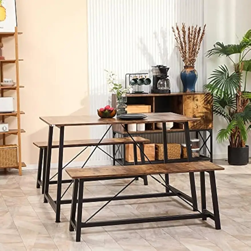 

Industrial 3-Piece Dining Table Set, Rectangular Kitchen Table and Chairs for 4 People, Space-Saving Dinner Table