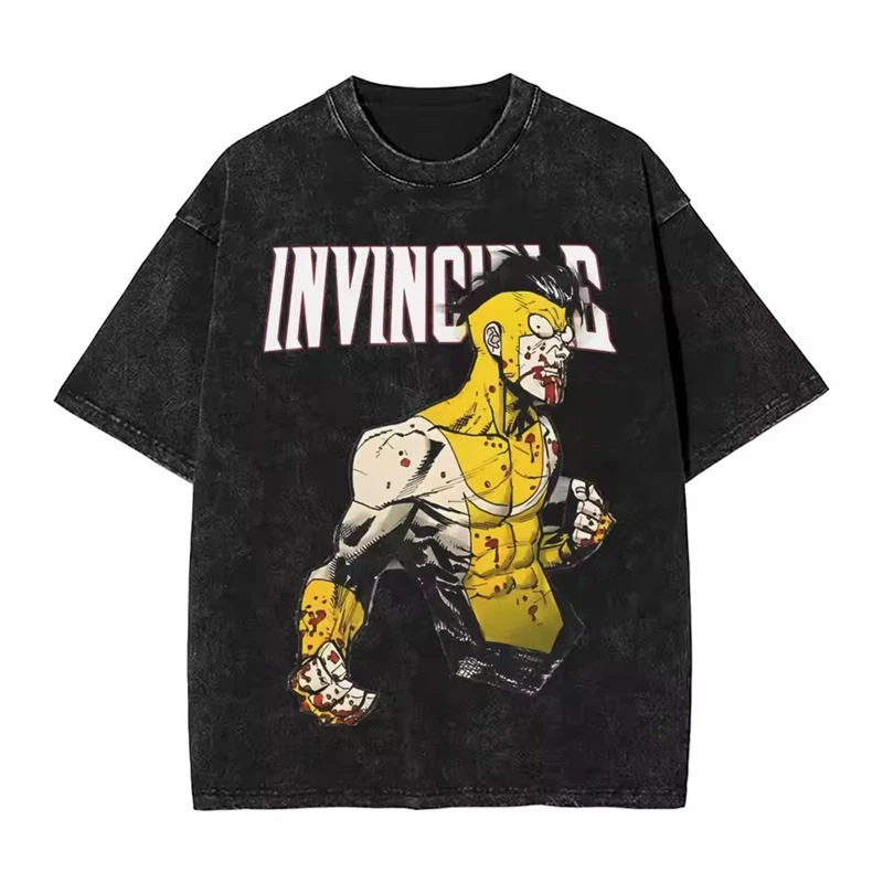 Retro Invincible Animation Mark Washed Vintage T-Shirt Loose Fit Men's and Women's Trendy Printed Couple Short Sleeve Shirt