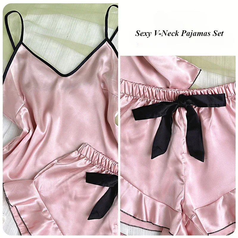 Conjunto de pijamas para mujer, camiseta elegante de satén con cuello en V, Tops y pantalones cortos con bordes con volantes, conjuntos de pijamas simples y transpirables, ropa para el hogar con tirantes