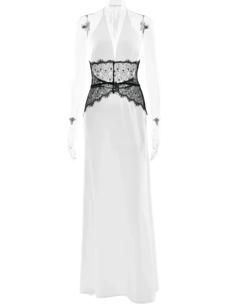 Seksowny głęboki dekolt w serek Backless koronkowy patchwork satynowe sukienki dla kobiet 2025 lato Halter bez rękawów długa, maksi wieczorowa sukienka na imprezę