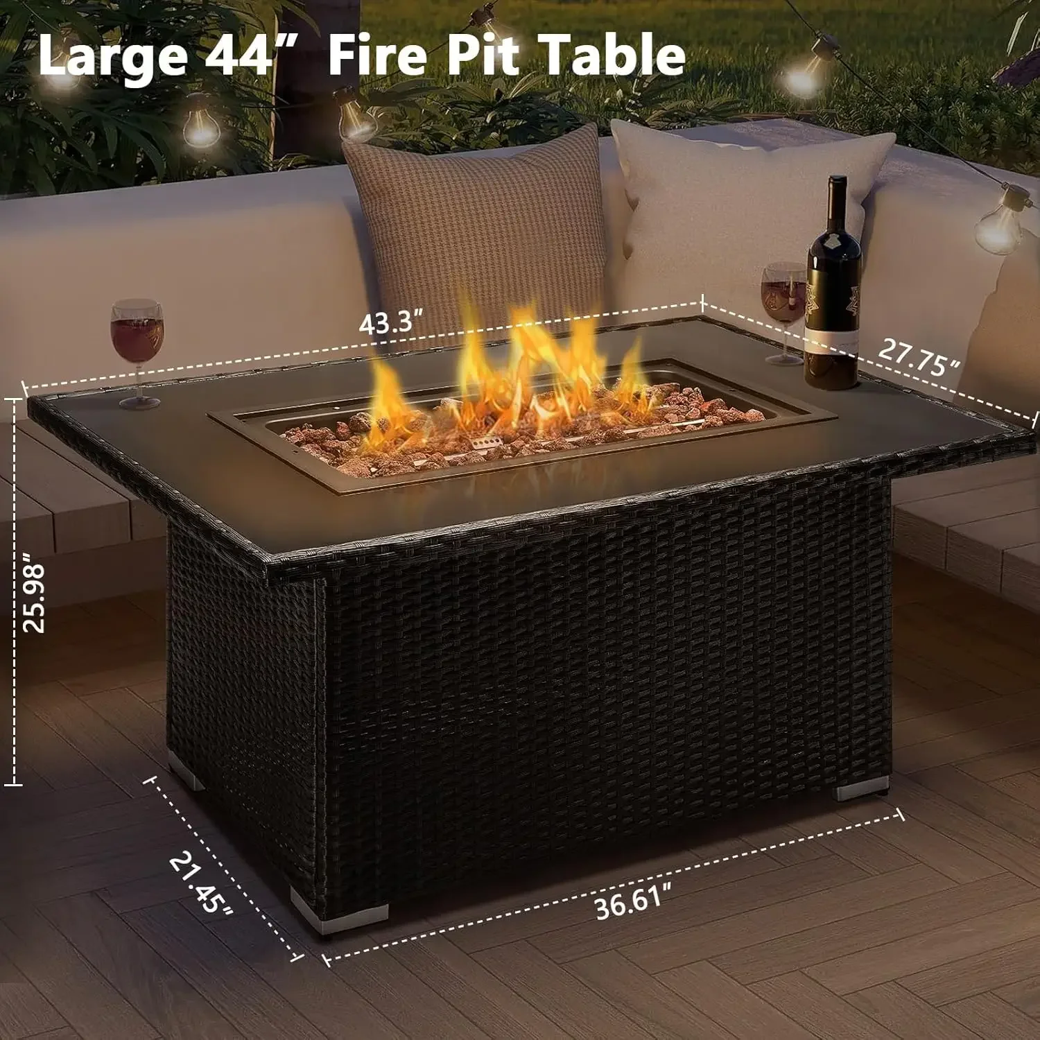 Mesa Fire Pit de 44 pulgadas con protector de viento de vidrio, 50.000 BTU, CSA, con encimera de vidrio templado, tapa Firepit