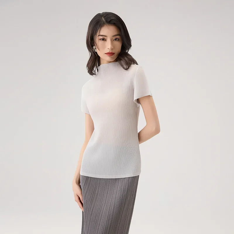 Miyake Summer Temperament Short Sleeved T-shirt Women,solid Color Loose Slimming Versatile Commuting Pleated Top Small Shirt