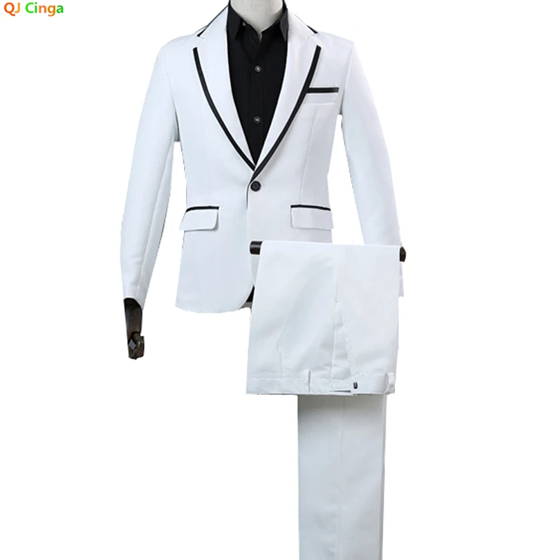 White Black Trimmed Suit Jacket With Pants, Men\'s Dress Two Piece, Wedding Party Dress Jacket With Trousers S M L XL XXL XXXL