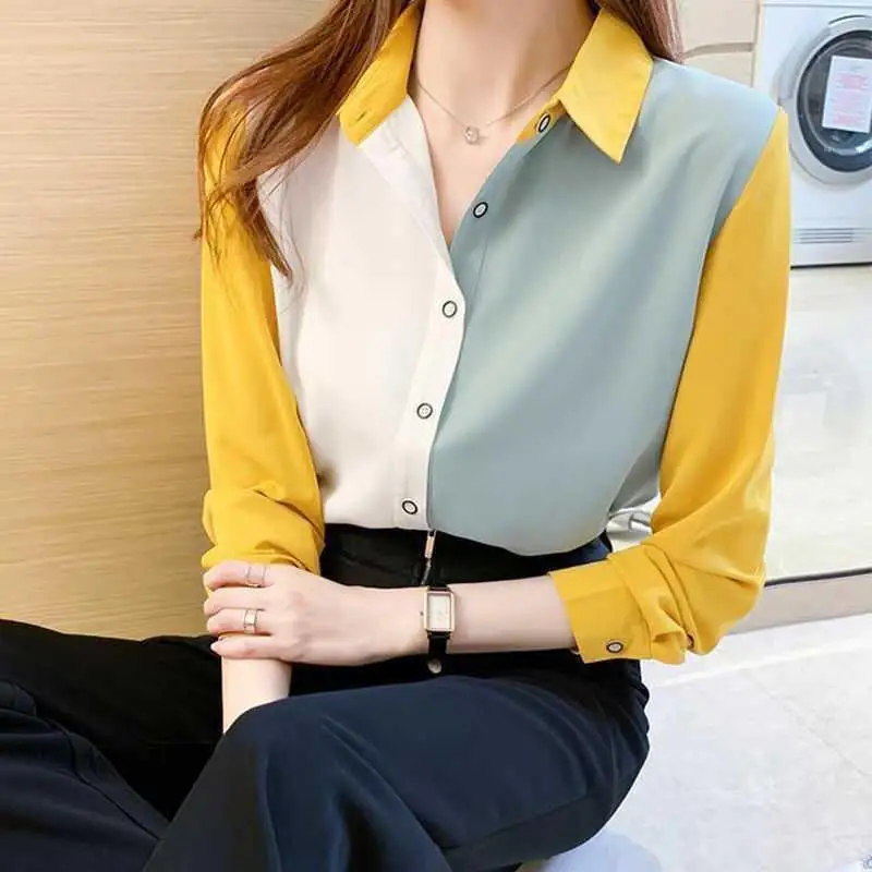 Women\'s 2022 New Spring Autumn Korean Fashion Color-blocking Shirts Long-sleeved Bottoming Loose Chiffon Shirts Elegant Clothing