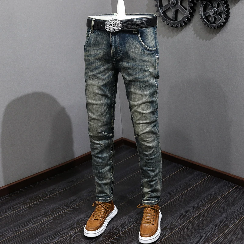 Fashion Designer Men Jeans Retro Washed Blue High Quality Stretch Slim Fit Ripped Jeans Men Trousers Vintage Denim Pants Hombre
