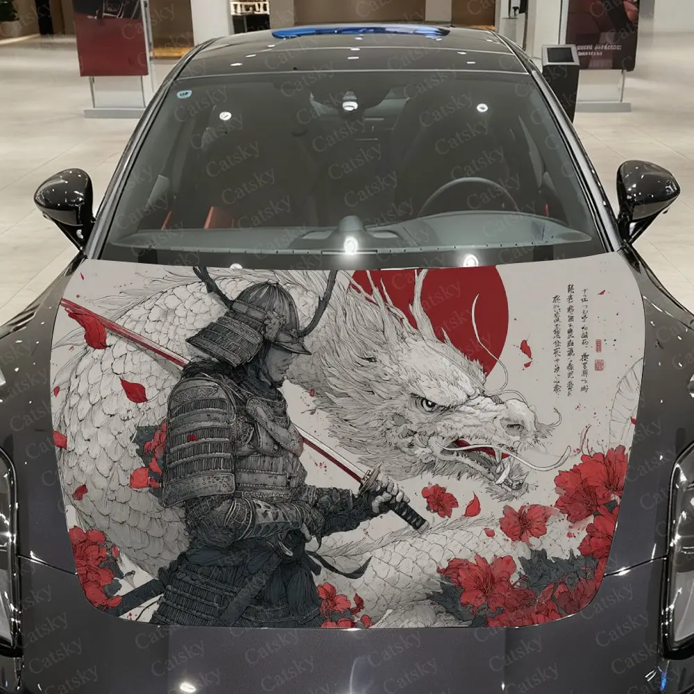 Ink-Patterned Samurai & Dragon Car Vinyl Wrap, PVC Waterproof Car Hood Sticker, Self-Adhesive Scratch-Resistant Stickers