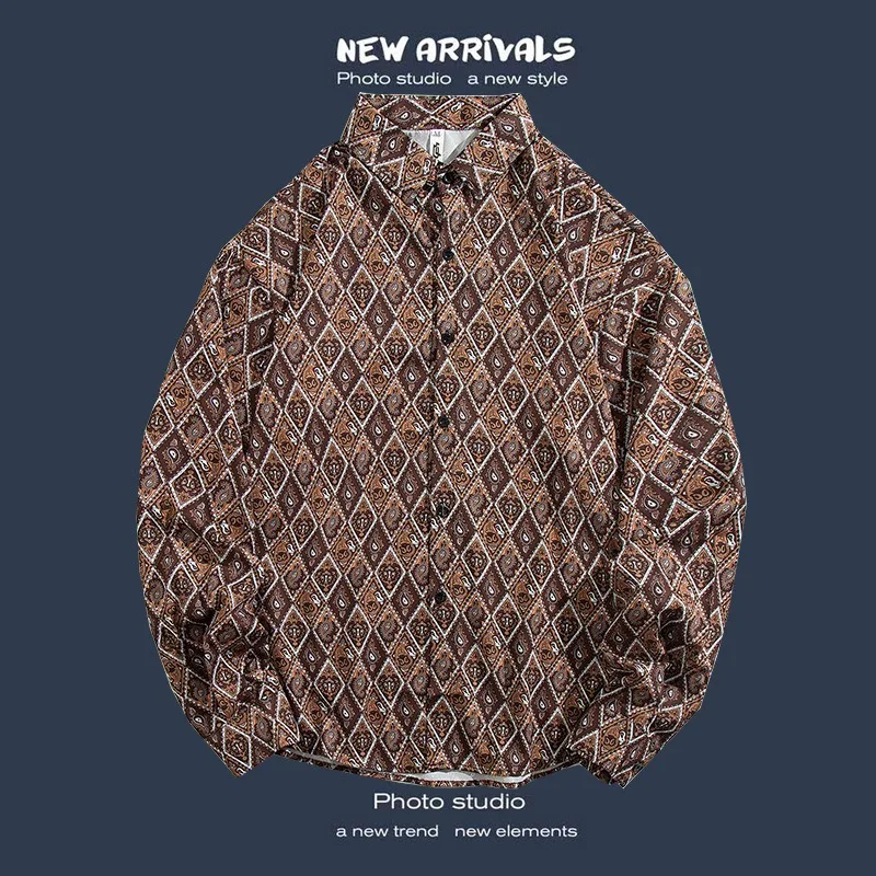 쿠바산 거친 면 민족 스타일 긴 소매 셔츠 봄과 가을 미국 남녀 기하학적 패턴 버튼 코트 셔츠